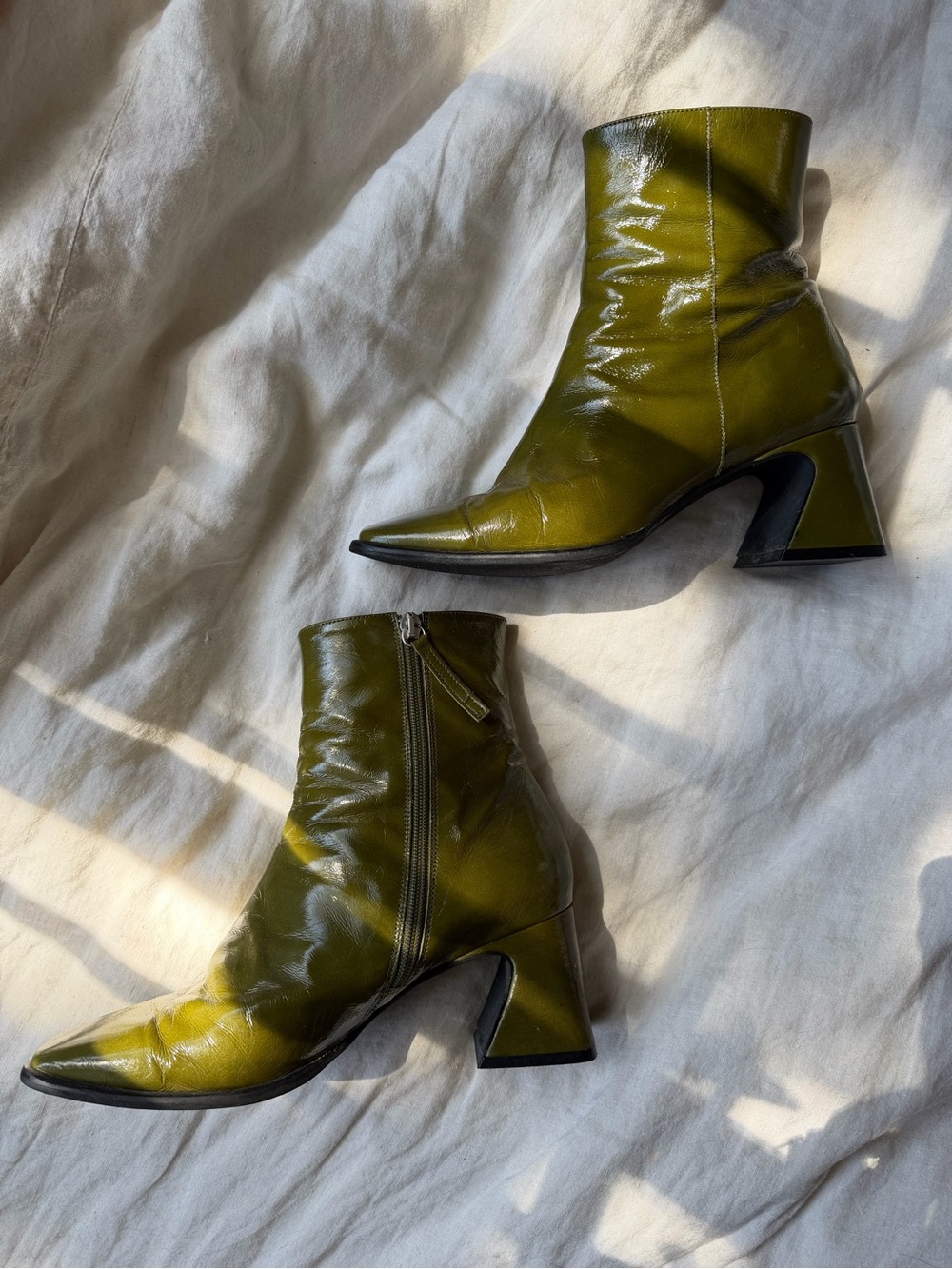 INTENTIONALLY BLANK Olive Green Taffy Patent Leather Heeled Boots
